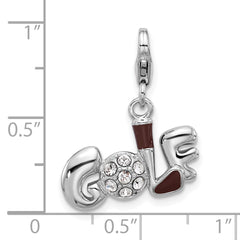 Amore La Vita Sterling Silver Rhodium-plated Brown Enameled GOLF with Golf Club and Ball with White Crystal Charm with Fancy Lobster Clasp