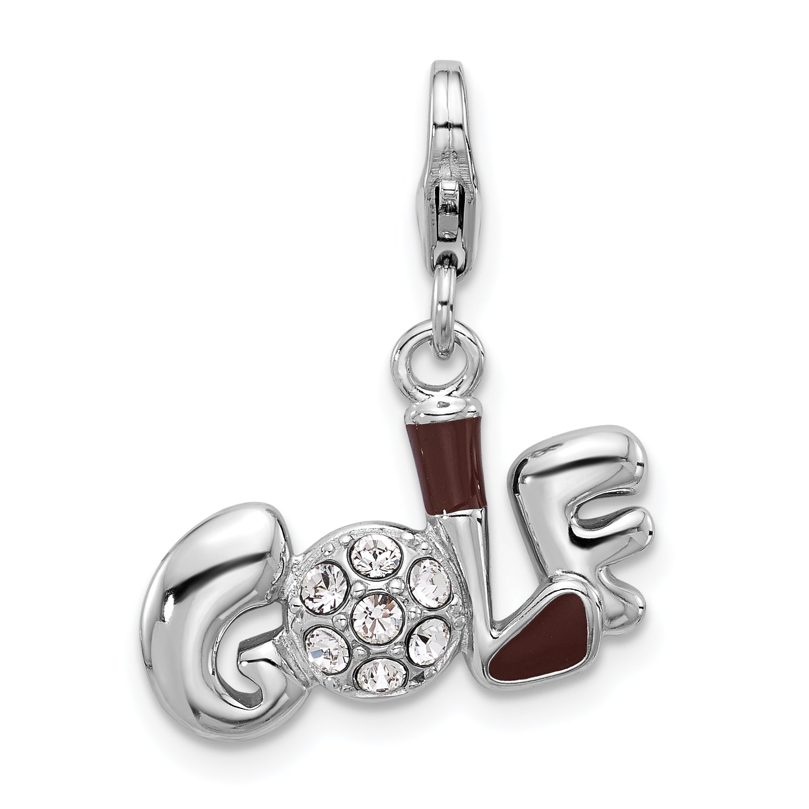 Amore La Vita Sterling Silver Rhodium-plated Brown Enameled GOLF with Golf Club and Ball with White Crystal Charm with Fancy Lobster Clasp