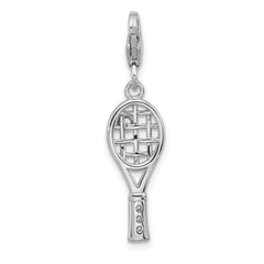 Amore La Vita Sterling Silver Rhodium and Gold-plated Tennis Racket with Ball and CZ Handle Charm with Fancy Lobster Clasp