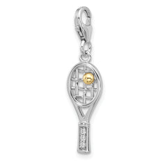 Amore La Vita Sterling Silver Rhodium and Gold-plated Tennis Racket with Ball and CZ Handle Charm with Fancy Lobster Clasp