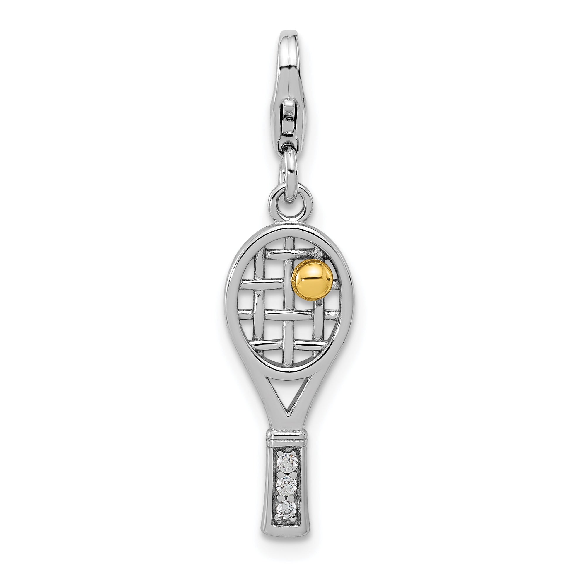 Amore La Vita Sterling Silver Rhodium and Gold-plated Tennis Racket with Ball and CZ Handle Charm with Fancy Lobster Clasp