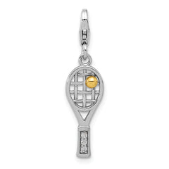 Amore La Vita Sterling Silver Rhodium and Gold-plated Tennis Racket with Ball and CZ Handle Charm with Fancy Lobster Clasp