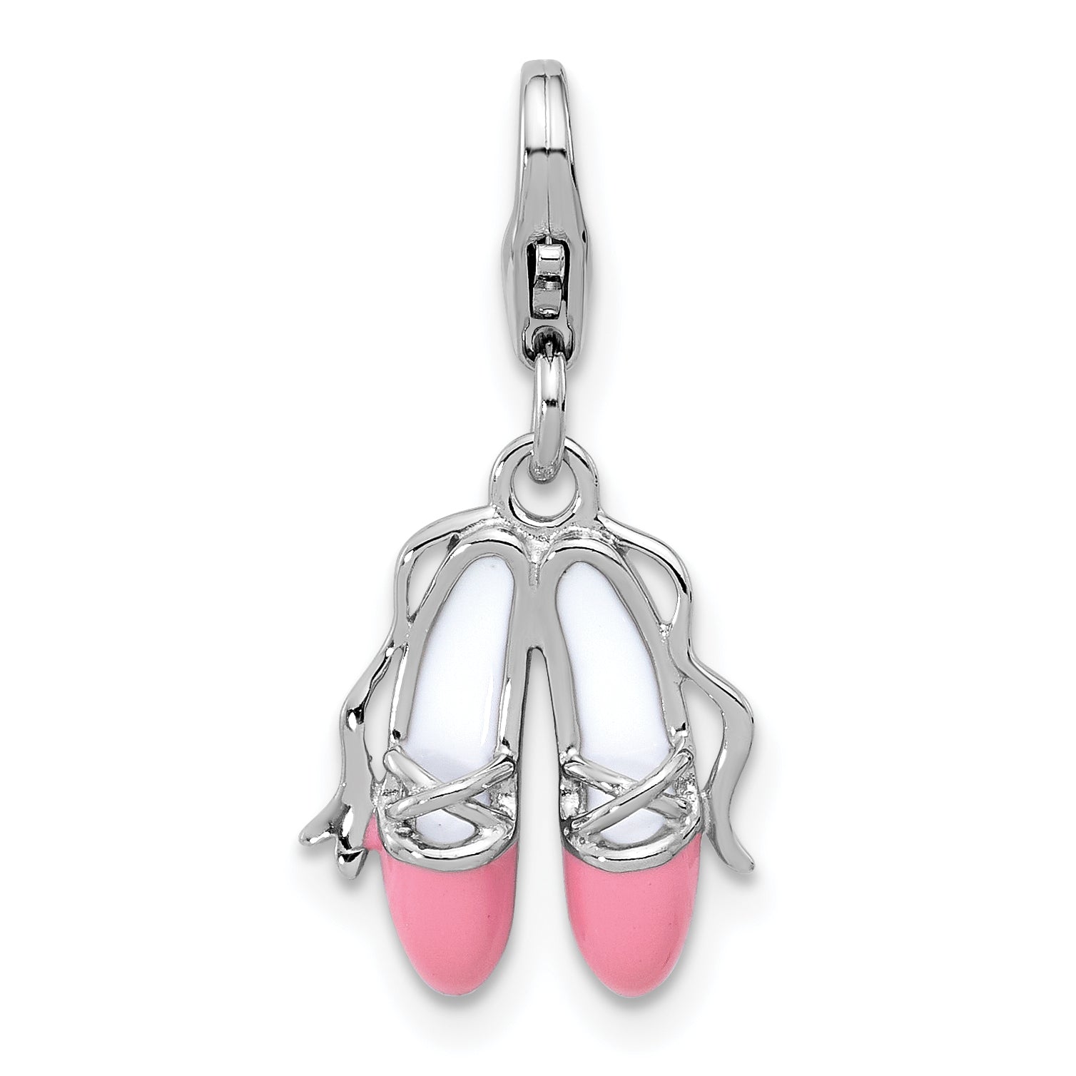 Amore La Vita Sterling Silver Rhodium-plated Pink and White Enameled Ballet Shoes Charm with Fancy Lobster