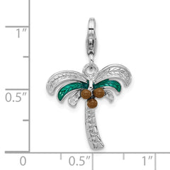 Amore La Vita Sterling Silver Rhodium-plated 3-D Green and Brown Enameled Palm Tree Coconuts Charm with Fancy Lobster Clasp