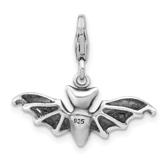 Amore La Vita Sterling Silver Rhodium-plated 3-D Antiqued Bat with Wings Spread Out Charm with Fancy Lobster Clasp