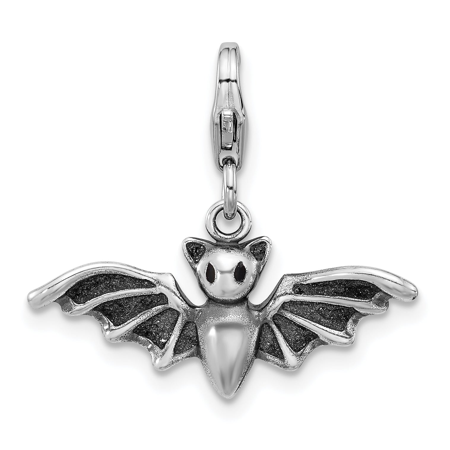 Amore La Vita Sterling Silver Rhodium-plated 3-D Antiqued Bat with Wings Spread Out Charm with Fancy Lobster Clasp