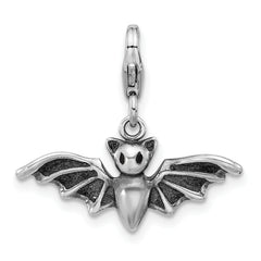 Amore La Vita Sterling Silver Rhodium-plated 3-D Antiqued Bat with Wings Spread Out Charm with Fancy Lobster Clasp