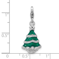Amore La Vita Sterling Silver Rhodium-plated Green Enameled Christmas Tree with White Crystal in Bow Charm with Fancy Lobster Clasp