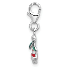 Amore La Vita Sterling Silver Rhodium-plated Red Enameled Christmas Bells with Green Enameled Leaves on Top Charm with Fancy Lobster Clasp