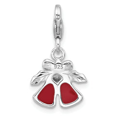 Amore La Vita Sterling Silver Rhodium-plated Red Enameled Christmas Bells with Green Enameled Leaves on Top Charm with Fancy Lobster Clasp