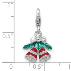 Amore La Vita Sterling Silver Rhodium-plated Red Enameled Christmas Bells with Green Enameled Leaves on Top Charm with Fancy Lobster Clasp