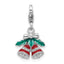 Amore La Vita Sterling Silver Rhodium-plated Red Enameled Christmas Bells with Green Enameled Leaves on Top Charm with Fancy Lobster Clasp