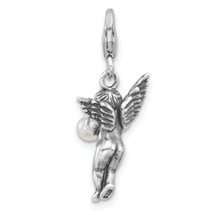 Amore La Vita Sterling Silver Rhodium-plated 3-D Antiqued Angel with Horn with Shell Pearl on The End Charm with Fancy Lobster Clasp