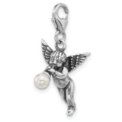 Amore La Vita Sterling Silver Rhodium-plated 3-D Antiqued Angel with Horn with Shell Pearl on The End Charm with Fancy Lobster Clasp