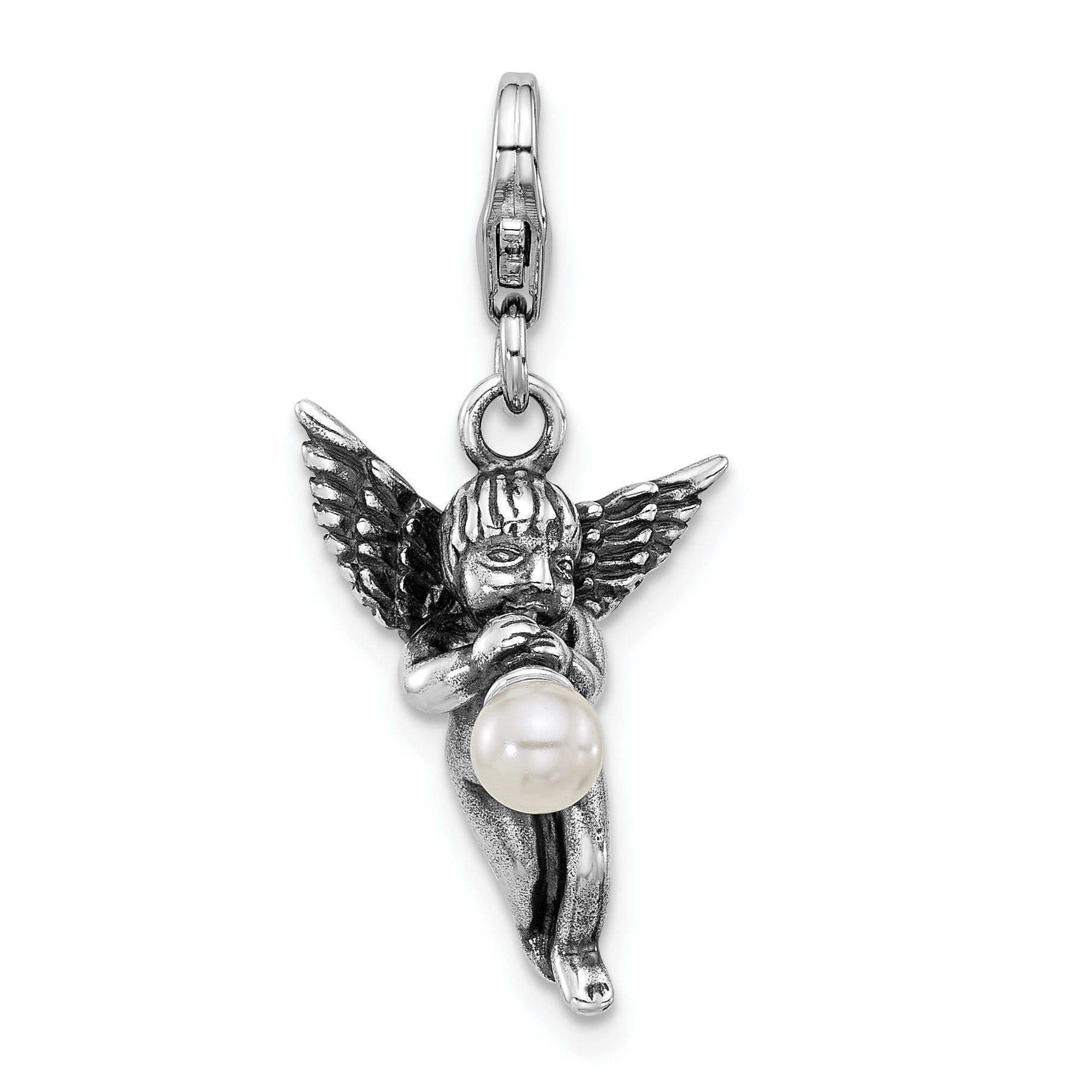 Amore La Vita Sterling Silver Rhodium-plated 3-D Antiqued Angel with Horn with Shell Pearl on The End Charm with Fancy Lobster Clasp