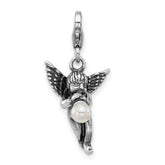 Amore La Vita Sterling Silver Rhodium-plated 3-D Antiqued Angel with Horn with Shell Pearl on The End Charm with Fancy Lobster Clasp