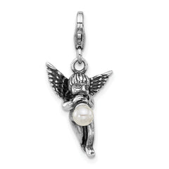 Amore La Vita Sterling Silver Rhodium-plated 3-D Antiqued Angel with Horn with Shell Pearl on The End Charm with Fancy Lobster Clasp