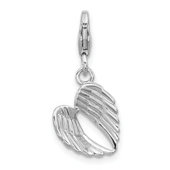 Amore La Vita Sterling Silver Rhodium-plated 3-D Antiqued Heart Shaped Angel Wings Charm with Fancy Lobster Clasp