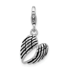 Amore La Vita Sterling Silver Rhodium-plated 3-D Antiqued Heart Shaped Angel Wings Charm with Fancy Lobster Clasp