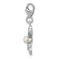 Amore La Vita Sterling Silver Rhodium-plated Green Enameled 4 Leaf Clover with Freshwater Cultured Pearl Charm with Fancy Lobster Clasp
