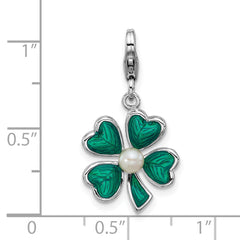 Amore La Vita Sterling Silver Rhodium-plated Green Enameled 4 Leaf Clover with Freshwater Cultured Pearl Charm with Fancy Lobster Clasp