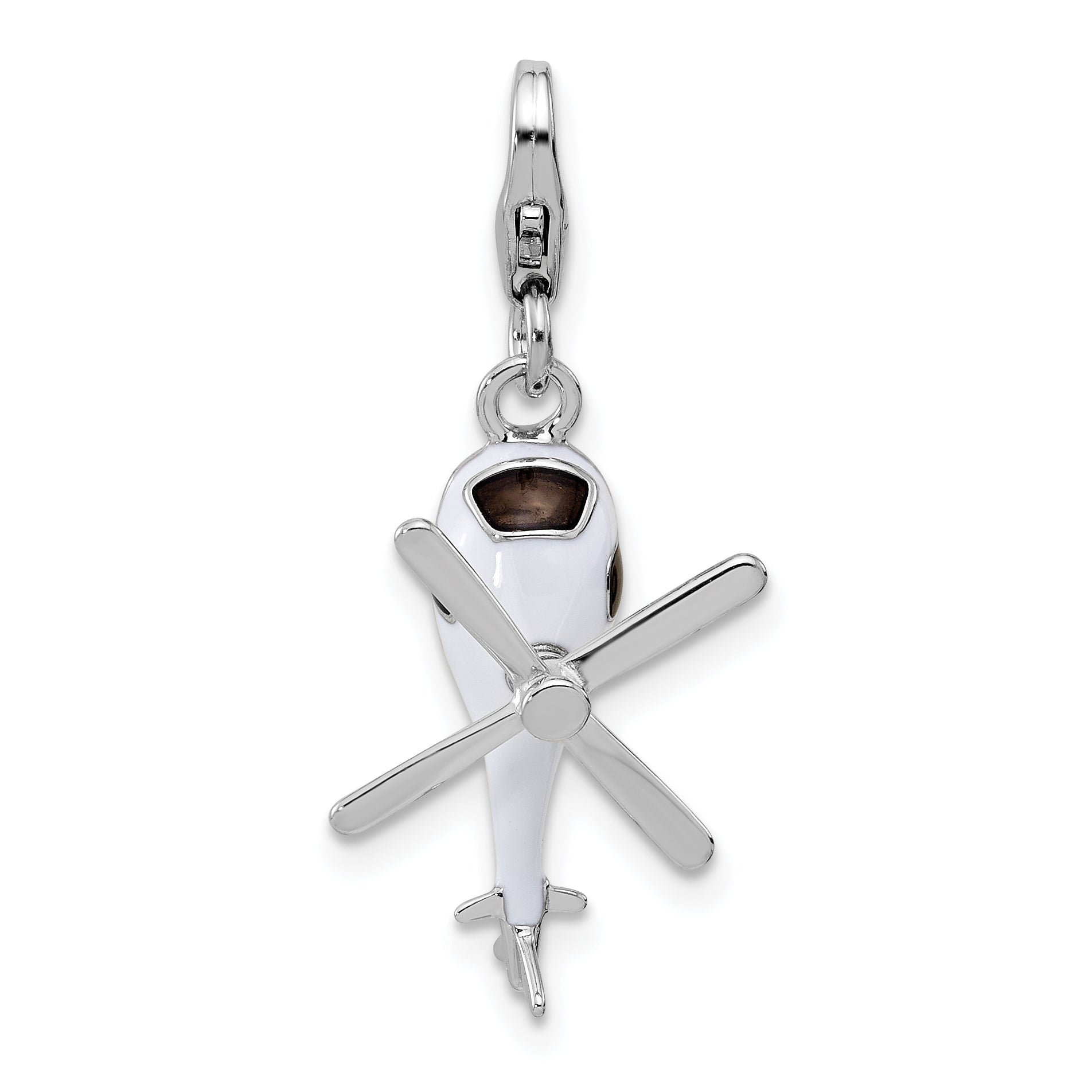 Amore La Vita Sterling Silver Rhodium-plated 3-D Moveable White/Black and Orange Enameled Helicopter Charm with Fancy Lobster Clasp