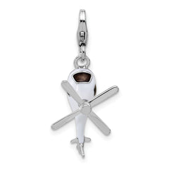 Amore La Vita Sterling Silver Rhodium-plated 3-D Moveable White/Black and Orange Enameled Helicopter Charm with Fancy Lobster Clasp