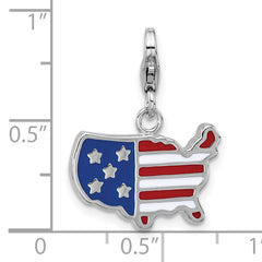 Amore La Vita Sterling Silver Rhodium-plated Red/White and Blue American Flag Shaped as United States Of America Charm with Fancy Lobster Clasp