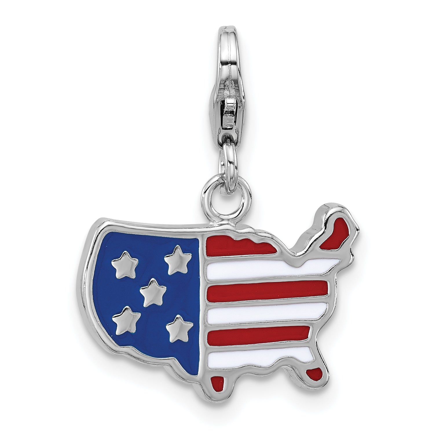 Amore La Vita Sterling Silver Rhodium-plated Red/White and Blue American Flag Shaped as United States Of America Charm with Fancy Lobster Clasp
