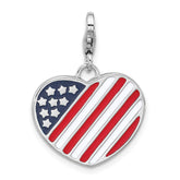 Amore La Vita Sterling Silver Rhodium-plated Red/White and Blue American Flag Shaped as Heart Charm with Fancy Lobster Clasp