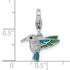 Sterling Silver Amore La Vita Rhodium-plated Blue and Green Enamel with CZ and Black Spinel Hummingbird Charm with Lobster Clasp