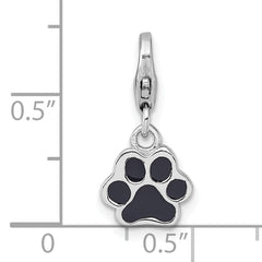Sterling Silver Amore La Vita Rhodium-plated Polished with Black Enamel Paw Print with Lobster Clasp Charm