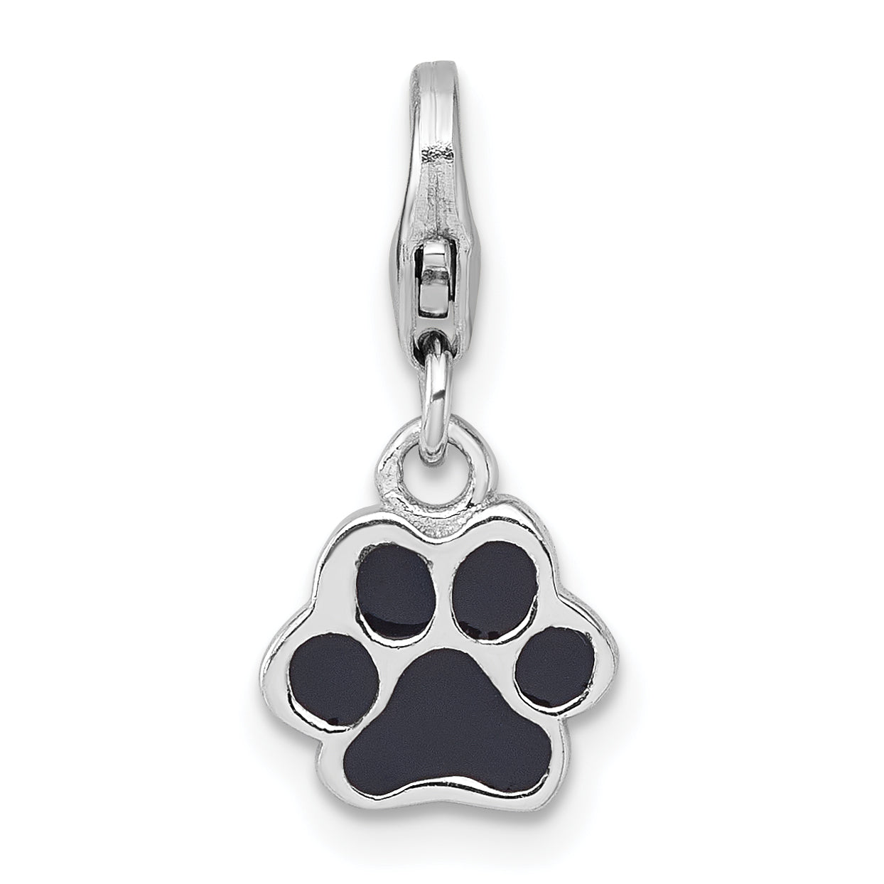 Sterling Silver Amore La Vita Rhodium-plated Polished with Black Enamel Paw Print with Lobster Clasp Charm
