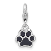 Sterling Silver Amore La Vita Rhodium-plated Polished with Black Enamel Paw Print with Lobster Clasp Charm