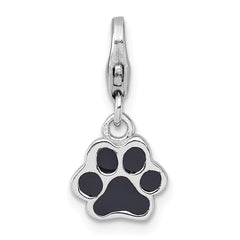 Sterling Silver Amore La Vita Rhodium-plated Polished with Black Enamel Paw Print with Lobster Clasp Charm