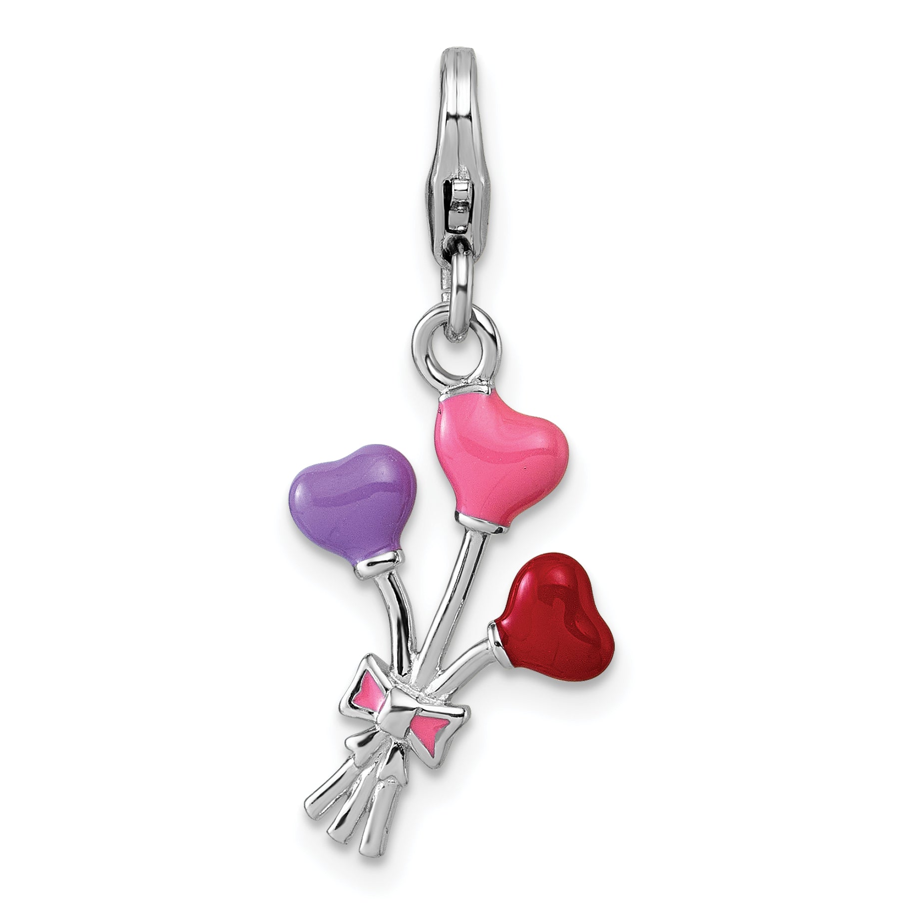 Sterling Silver Amore La Vita Rhodium-plated 3D Pink/Purple/Red Enameled Heart Balloons Charm with Lobster Clasp