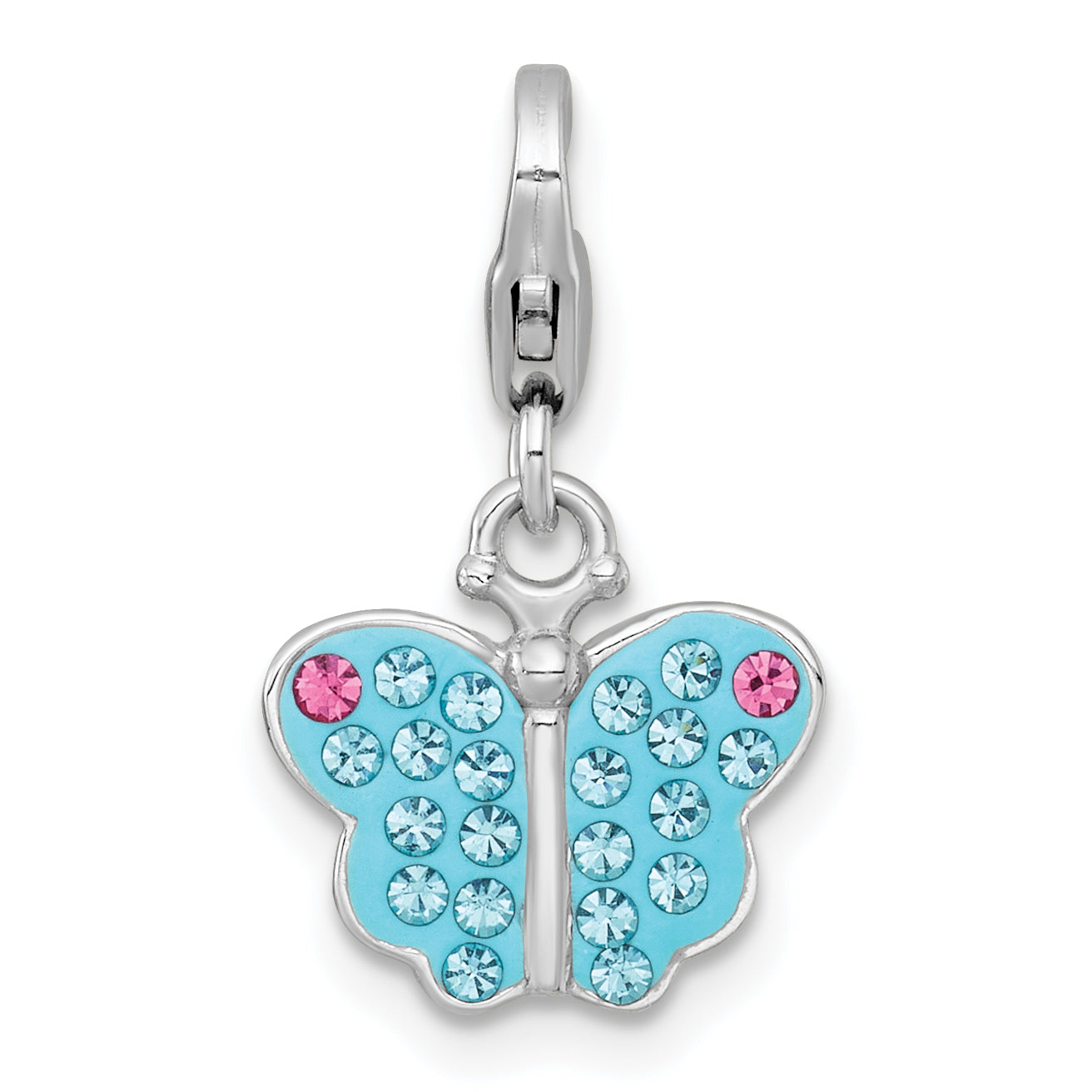 Sterling Silver Amore La Vita Rhodium-plated Polished Blue and Pink Crystal Butterfly Charm