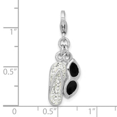 Sterling Silver Amore La Vita Rhodium-plated Polished Black Enamel Sunglasses And White Crystal Flip-Flop Charm