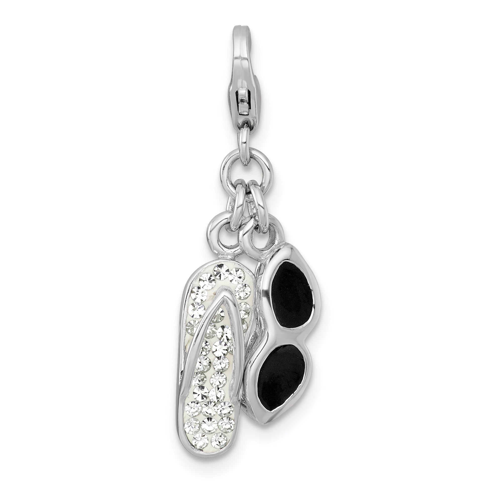 Sterling Silver Amore La Vita Rhodium-plated Polished Black Enamel Sunglasses And White Crystal Flip-Flop Charm