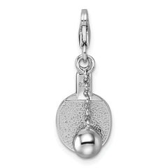 Sterling Silver Amore La Vita Rhodium-plated 3D Textured Ping Pong Paddle and Ball Charm with Lobster Clasp