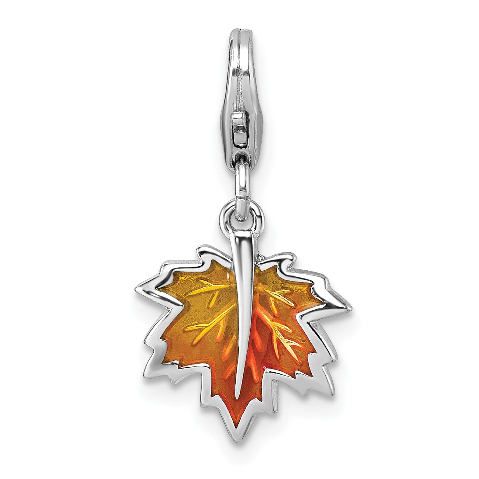 Sterling Silver Amore La Vita Rhodium-plated Orange Enameled Leaf Charm with Lobster Clasp