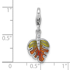 Sterling Silver Amore La Vita Rhodium-plated 3D Green and Orange Enameled with CZ Leaf Charm with Lobster Clasp