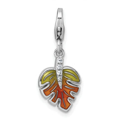 Sterling Silver Amore La Vita Rhodium-plated 3D Green and Orange Enameled with CZ Leaf Charm with Lobster Clasp
