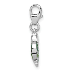 Sterling Silver Amore La Vita Rhodium-plated 3D Green Enameled with CZ Leaf Charm with Lobster Clasp