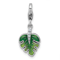 Sterling Silver Amore La Vita Rhodium-plated 3D Green Enameled with CZ Leaf Charm with Lobster Clasp