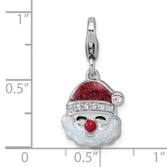 Sterling Silver Amore La Vita Rhodium-plated Red and White Glitter Enameled with CZ Santa Charm with Lobster Clasp