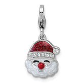 Sterling Silver Amore La Vita Rhodium-plated Red and White Glitter Enameled with CZ Santa Charm with Lobster Clasp