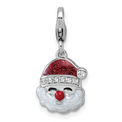 Sterling Silver Amore La Vita Rhodium-plated Red and White Glitter Enameled with CZ Santa Charm with Lobster Clasp