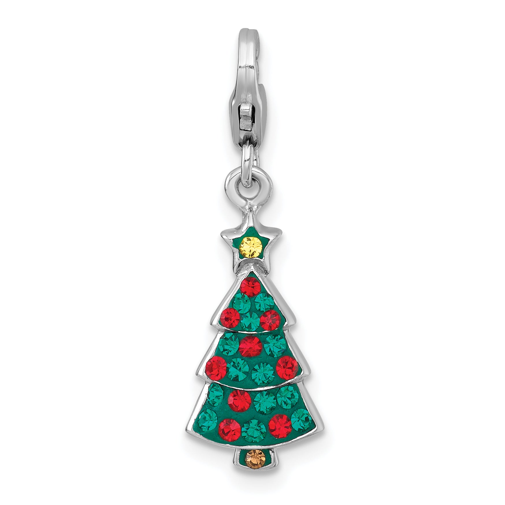 Sterling Silver Amore La Vita Rhodium-plated Polished Green/Red/Yellow Crystal Christmas Tree Charm