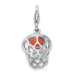 Amore La Vita Sterling Silver Rhodium-plated Polished 3-D Moveable Enameled Basketball in Net Charm with Fancy Lobster Clasp